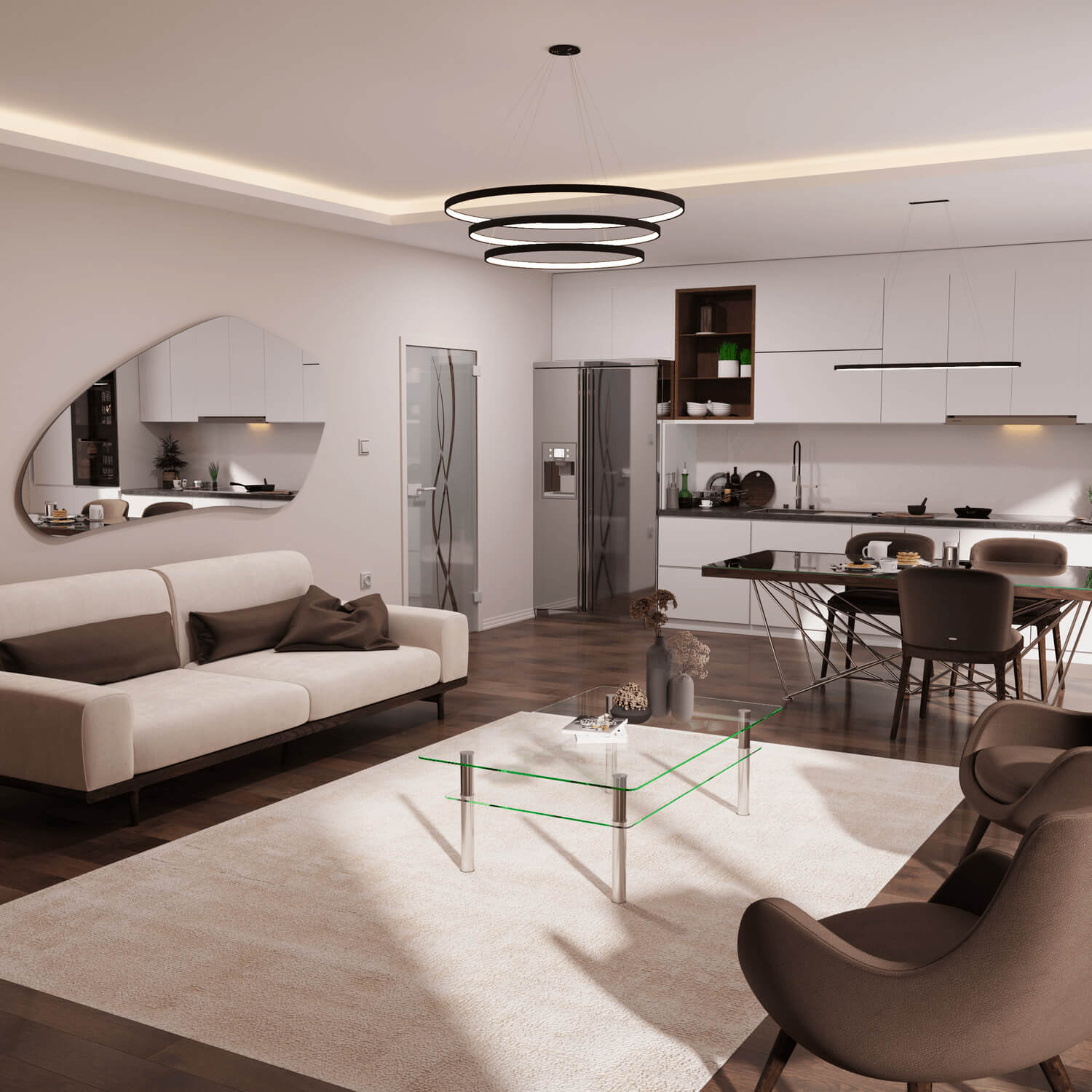 Wohnzimmer mit offener Küche